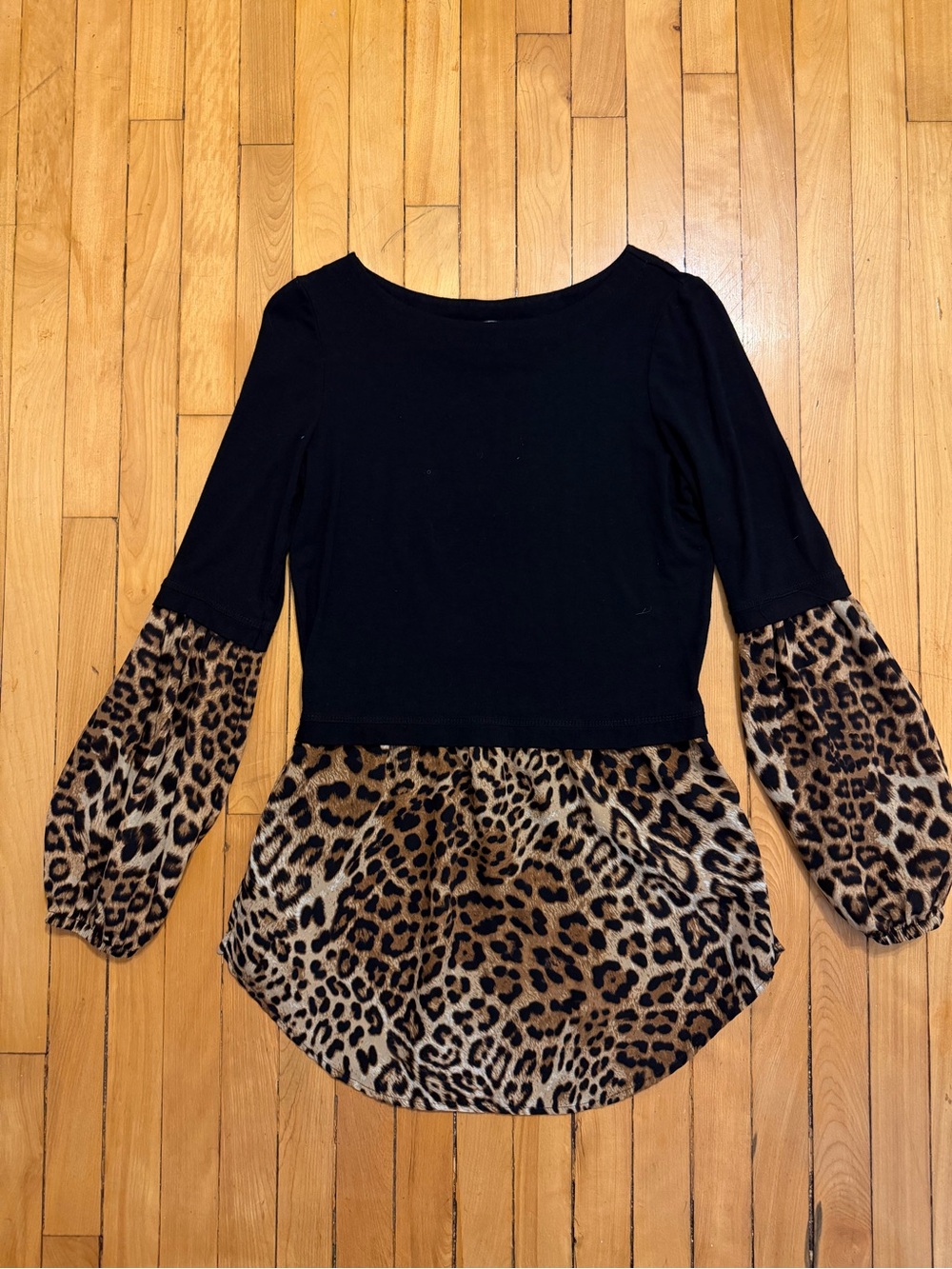Black Top with Leopard Print Hem & Sleeves - Women's Stylish Blouse